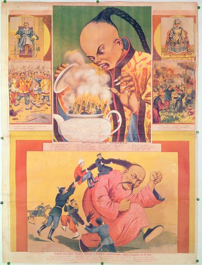 Komisk rysk affisch som satirerar européerna i Kina, tryckt i Moskva, Ryssland, 1900 av Russian School