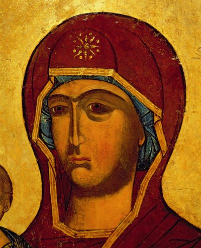 Ikon som föreställer Jungfruns huvud, ca 1550 (tempera och bladguld på panel) (detalj av 314500) av Russian School