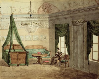 Neo-klassisk sängkammare, 1819 (wc på papper) av Russian School