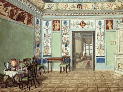 Nyklassiskt etruskiskt frukostrum, 1820 (wc på papper) av Russian School