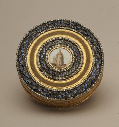 Snusdosa med senare miniatyr av ett monument till Katarina II, av Johann Gottlieb Scharff, St. Petersburg, 1776 (guld, emalj och ädelstenar av Russian School