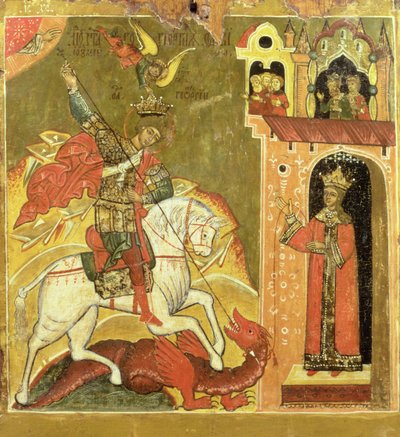 St. George and the Dragon, Ukraina, sent 1500-tal (tempera på panel) av Russian School
