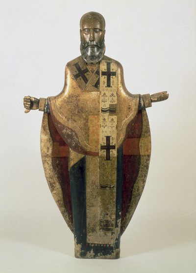 Staty av St. Nicholas av Mozhaisk, rysk, sent 1500-tal (trä, ornamenterad brokad, gesso, tempera) av Russian School