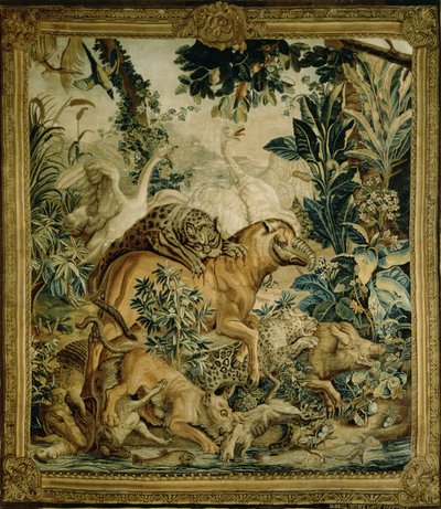 Gobeläng som föreställer vilda djur som slåss vid ett vattenhål, kopia från Indian Carpet-serien designad av D. Deport, 1757 och tillverkad av St. Petersburg Tapestry Factory (textil) av Russian School