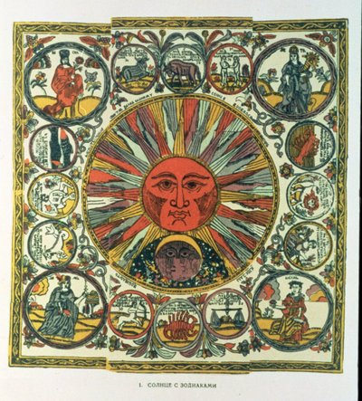 Solen och zodiaken, ryska, sent 1700-tal (träsnitt) av Russian School