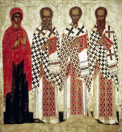 Paraskeva Pyatnitsa, Gregorius teologen, Johannes Krysostomos och Basilius den store, tidigt 1400-tal av Russian icon.