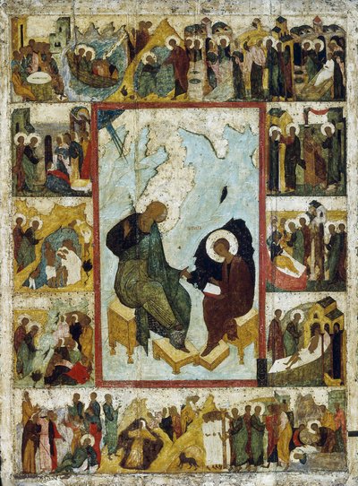 Sankt Johannes evangelisten på Patmos med scener ur hans liv, tidigt 1500-tal. av Russian icon.