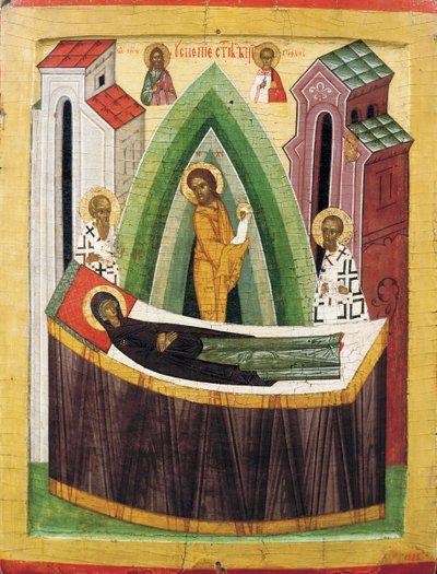The Dormition of the Virgin, tidigt 1400-tal. av Russian icon.