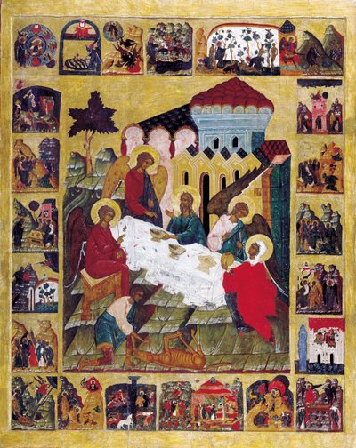 Gamla testamentets treenighet med scener från Genesis, c1580. av Russian icon.