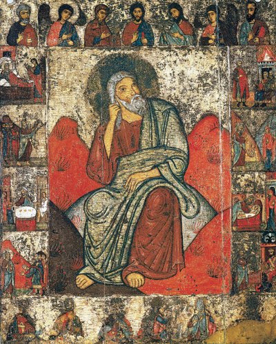 Profeten Elia i vildmarken med scener ur hans liv och Deesis, 13:e- första tredjedelen av 14:e av Russian icon.