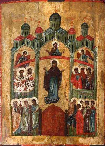 Skyddet av Guds moder Pokrov, tidigt 1400-tal. av Russian icon.