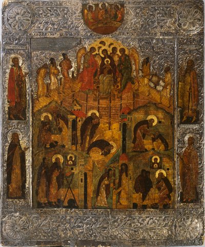 Jungfru Marias uppenbarelse till den helige Alexander Svirsky, 1600-talet. av Russian icon.