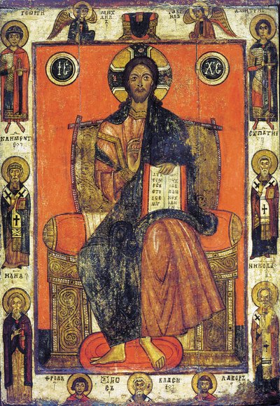 Frälsaren på tronen med utvalda heliga, slutet av 1200-talet - tidigt 1300-tal. av Russian icon.