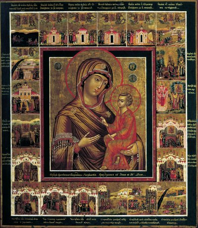 Jungfrun av Tikhvin med gränsscener, första kvartalet av 1800-talet. av Russian icon.