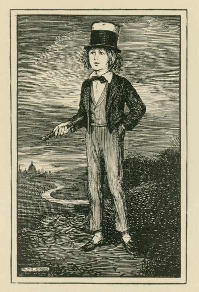Ett imaginärt porträtt av Charles Dickens som ung pojke (gravyr) av Ruth Cobb