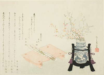 Röda och vita plommonblommor med diktslip av Ryuryukyo Shinsai