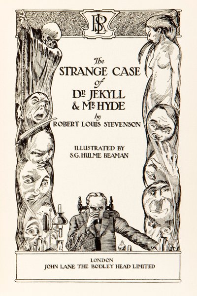 Titelsida från "Strange Case of Dr Jekyll and Mr Hyde" av Robert Louis Stevenson (1850-1894) Illustration av S.G. Hulme Beamam (1887-1932) för en 1930-utgåva. Se mer information nedan. av S. G. Hulme Beamam