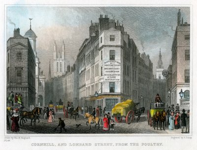 Cornhill och Lombard Street från Poultry, City of London, 1830. av S. Lacey