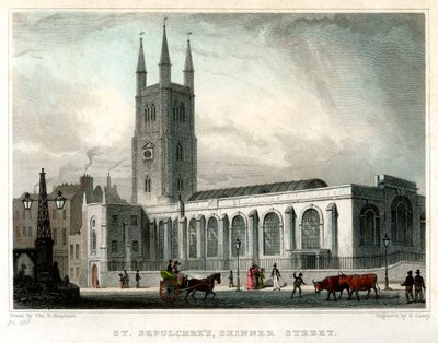 St Sepulchres Church, Skinner Street, City of London, c1830. av S. Lacey