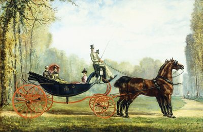 En häst och vagn i en park med en jakt bortom (olja på duk) av S. Normand