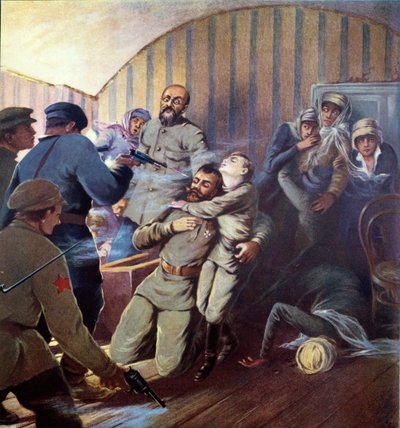 Avrättning av tsar Nicholas II (1868-1918) och hans familj i Jekaterinburg, 17 juli 1918, från Histoire des Soviets av H. de Weindel, 1923-24 av S. Sarmat