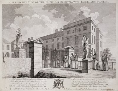 En perspektivvy av Foundling Hospital med emblematiska figurer, 1749 av S. Vale
