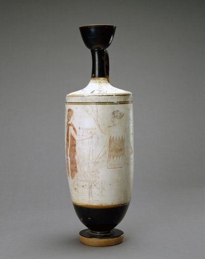 White Ground Lekythos med ung kvinna vid en grav, 450-440 f.Kr. (terrakotta med vit botten) av Sabouroff Painter (attr. to)