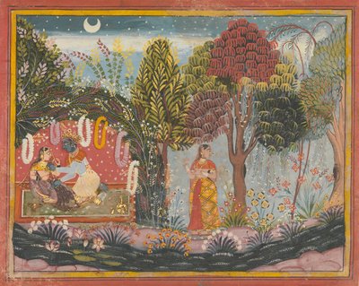 Krishna och Radha in a Bower: Page From a Dispersed Gita Govinda, ca. 1665. av Sahibdin