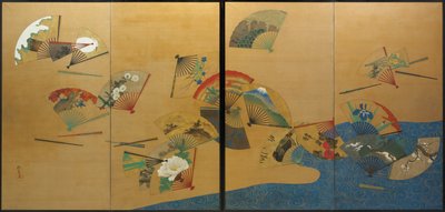 Fläktar och ström, Edo-perioden, ca 1820-28 (bläck, färg, guld  silver på siden) av Sakai Hoitsu