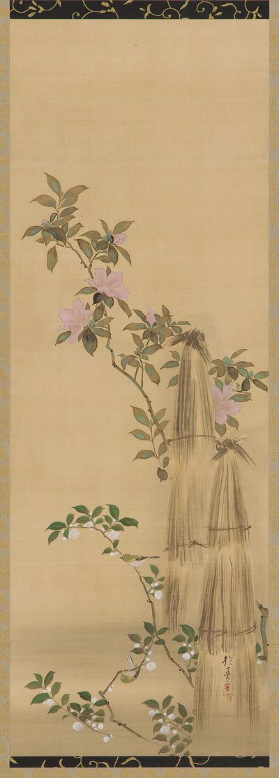 Rosa och vita blommor och halmbeläggningar, Edo-perioden, 1761-1828. av Sakai Hoitsu