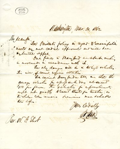 Letter signed S.P. Chase, Washington, to W.G. Eliot, March 31, 1862 av Salmon P. Chase