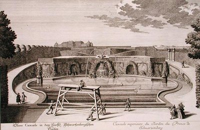 Stor fontän i prinsen av Schwarzenbergs trädgård, Wien, graverad av Georg-Daniel Heumann (1691-1759), publicerad c.1724-37 (gravyr) (se även 170853) av Salomon (after) Kleiner