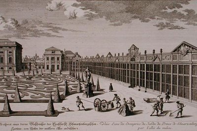 Utsikt över ett av orangerierna i prinsen av Schwarzenbergs trädgård, Wien, graverad av Georg-Daniel Heumann (1691-1759), publicerad ca 1724-37 (gravyr) (se även 170855) av Salomon (after) Kleiner