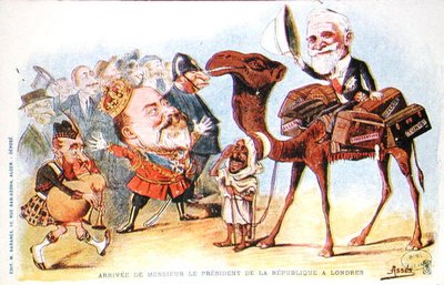 Karikatyr av Frankrikes president Emile Loubets (1838-1929) ankomst till London 1903 (färg litho) av Salomon Assus