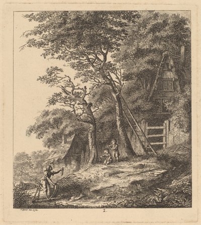 En fiskare och två barn i ett landskap med stugor med halmtak, 1764. av Salomon Gessner