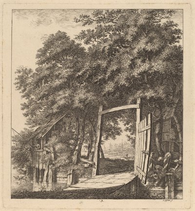 En rustik port bredvid en sjö av Salomon Gessner