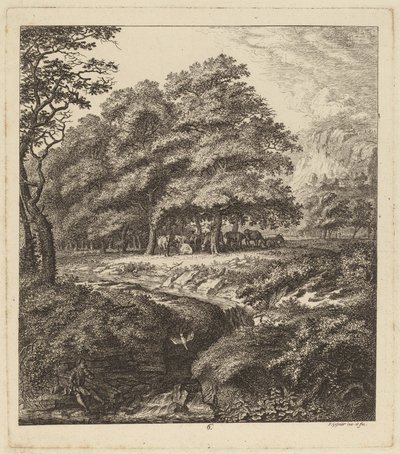 Boskap som vilar i en lund med en man som sitter bredvid en bäck, 1764. av Salomon Gessner
