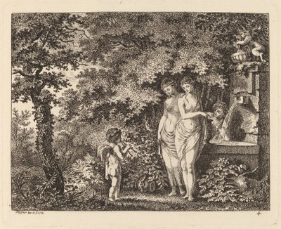 Eros med tre flickor vid en fontän, 1770. av Salomon Gessner