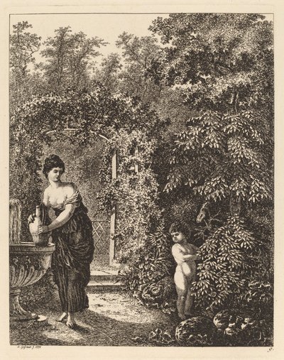 Putto besöker en flicka vid en fontän, 1771. av Salomon Gessner