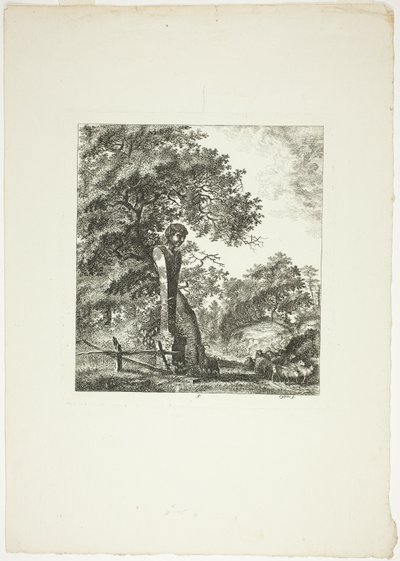 Får vid en staty av Pan, plansch fem från Paysages Dédiés à M. Warelet av Salomon Gessner