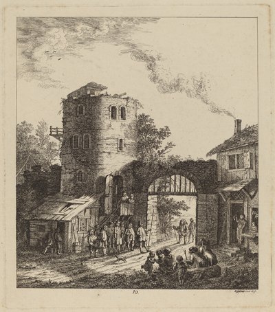 Bybor vid en stadsport hälsar en dignitär, 1764. av Salomon Gessner
