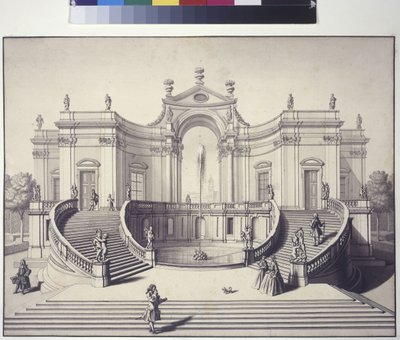 Hel sida: trädgårdspalats i trädgårdarna till slottet Liechtenstein, Rossau, Wien (tuschteckning) av Salomon Kleiner