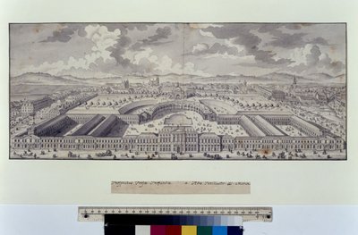 Hel sida: storskaligt fågelperspektiv av de kejserliga stallarna mot förorterna (penna, pensel och tusch) av Salomon Kleiner