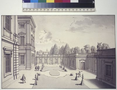 Hel sida: vy över trädgårdarna vid Liechtensteins slott av Salomon Kleiner