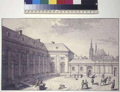 Hel sida: vy av den inre gården på framsidan av Orangeriet (tuschteckning) av Salomon Kleiner