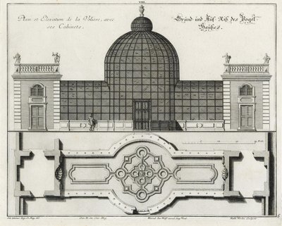 Planritning och upphöjning av fågelhuset i "Lilla trädgården" av Salomon Kleiner