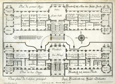 Planritning över bottenvåningen och huvudvåningen i det övre slottet av Salomon Kleiner