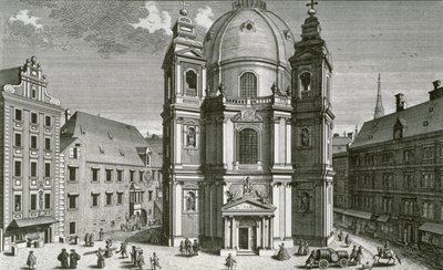 Vy över Peterskirche, Wien graverad av Johann Bernard Hattinger av Salomon Kleiner