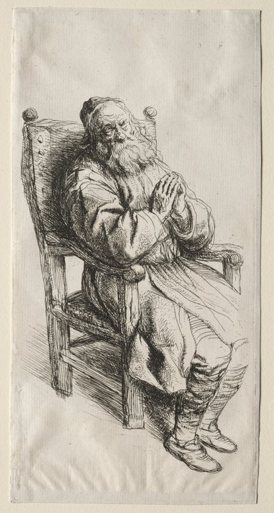 En gammal man i en stol som ber av Salomon Koninck
