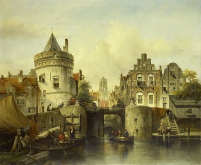 Imaginary View baserad på Kolksluis, Amsterdam av Salomon Leonardus Verveer